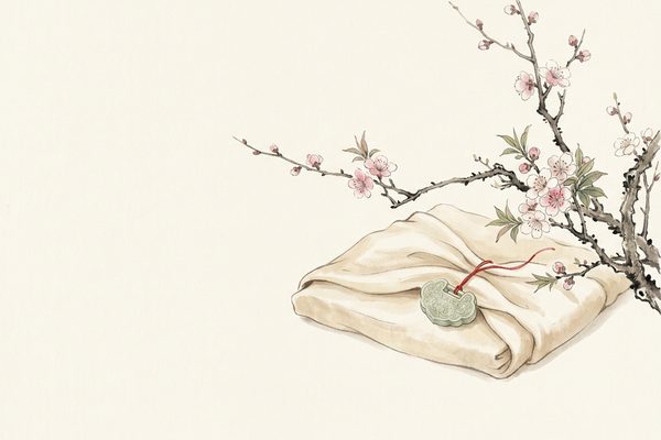 水彩画：一枝盛开的梅花，下方是折起的襁褓布和一枚小小的长命玉锁